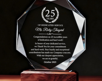 Personalized 25 Years of Service Award, Custom Employee Appreciation Gift, 7"/8" Engraved Crystal Trophy with Gift Box