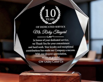 10 Years of Dedicated Service Award, Personalized Employee Crystal Awards, Custom Achievement Glass Trophy, 7"/ 8"Appreciation Plaques
