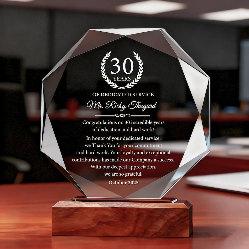 30 Years of Dedicated Service Award, Personalized Employee Crystal ...