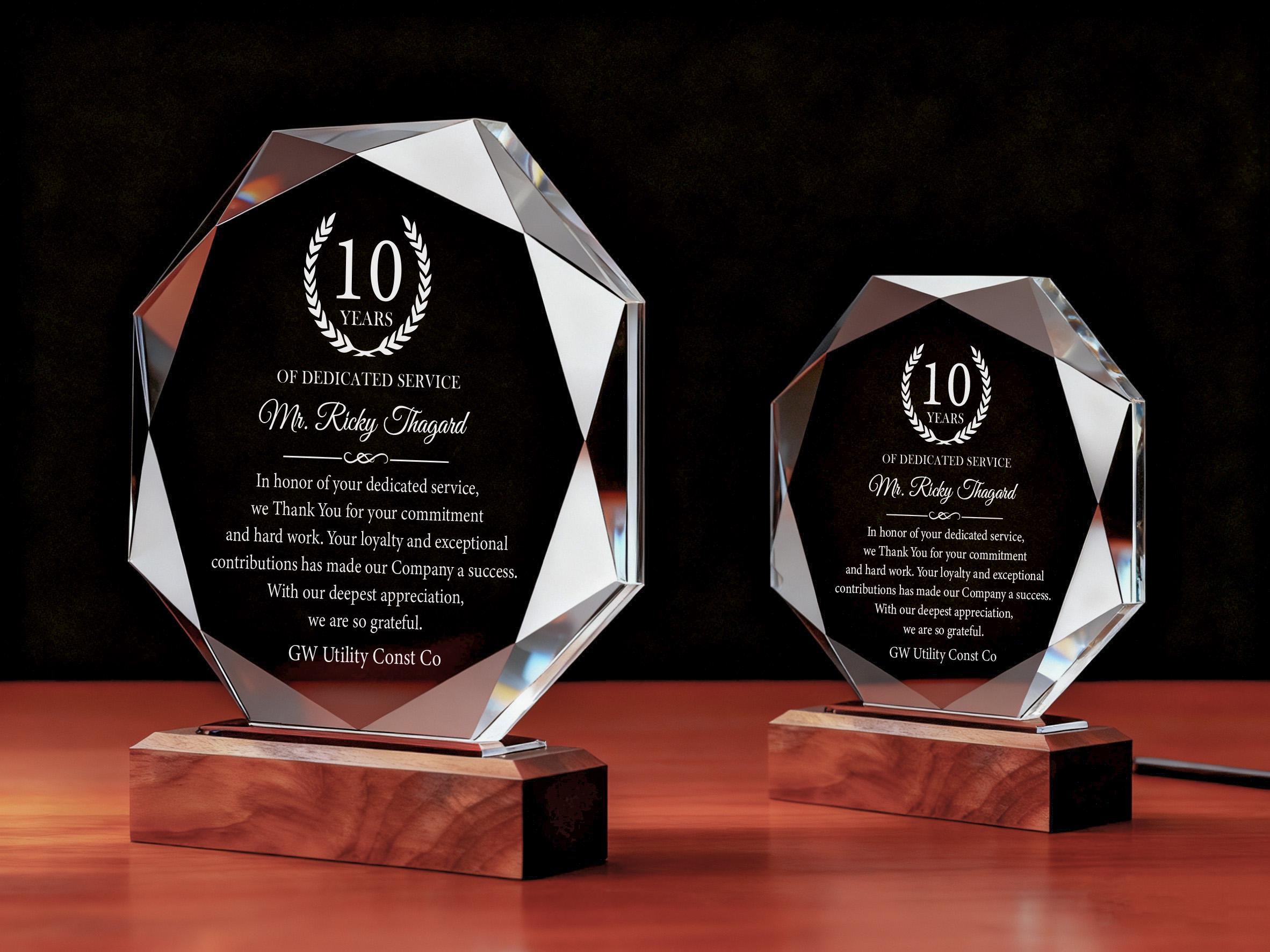 10 Years of Dedicated Service Award, Personalized Employee Crystal ...