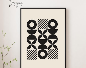 Black Rhythm – Minimalist Beige and Black Geometric Poster | Modern Abstract Wall Art | Digital Download