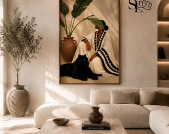 WILD ELEGANCE | Black Panther & Elegant Caftan Poster | Luxury Mediterranean Wall Art | Printable Wall Art