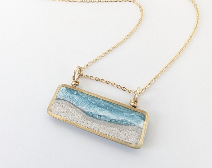 Handmade Beach Sand Necklace: Ocean Wave Brass Pendant