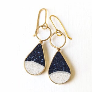 Midnight At the Beach, Teardrop Dangle Brass Earrings, Wave Drops, Ocean-Inspired, Coastal Jewelry, Real Sand Earrings