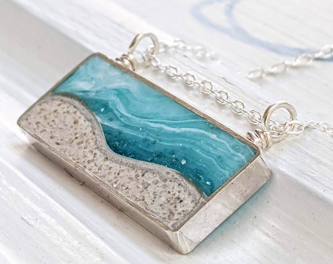Sterling Silver Beach Sand Necklace: Ocean Wave Pendant, Coastal Jewelry