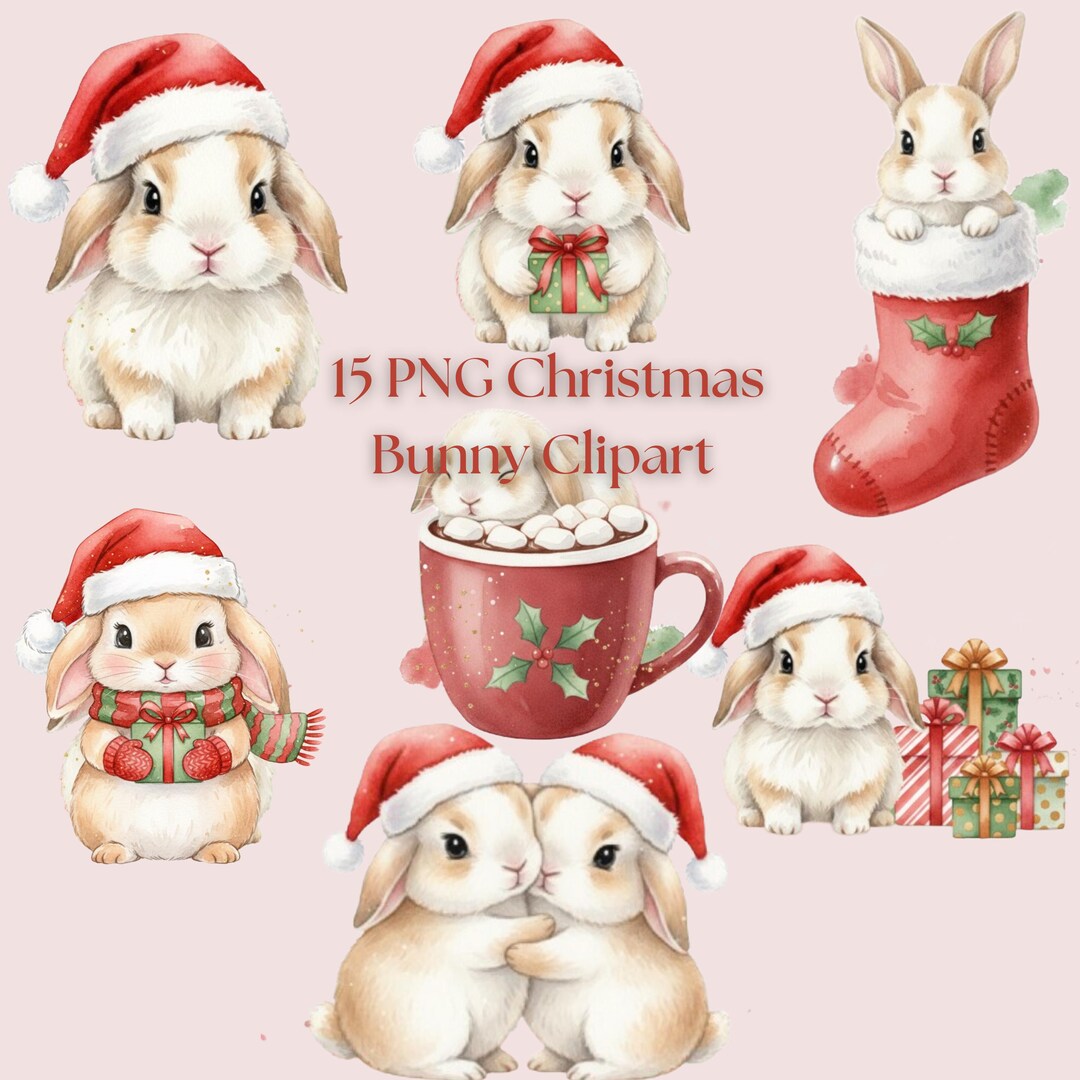 Christmas Bunny Watercolor Clipart – 15 PNG Holiday Graphics (digital ...