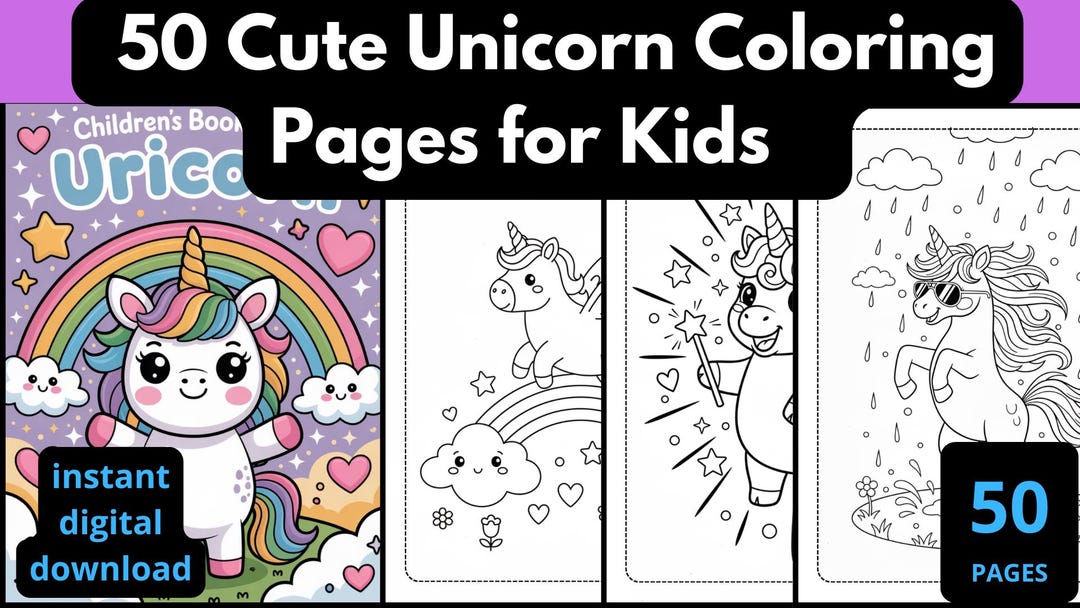 50 Unicorn Coloring Pages for Kids | Kawaii Printable Book (PDF) - Etsy