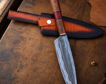 Copper Damascus Handmade Chef Knife - Damascus Steel Chef Knife - Engraved Kitchen Knife - Anniversary, Birthday, Christmas, Handmade Gifts