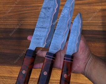 Handmade Copper Damascus Chef Knife Set | Butcher & Cleaver kitchen knife set | Custom Cooking Gift for Chefs, Birthday or Halloween