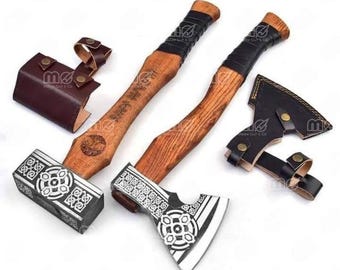 2PCS Viking Gifts — Handmade Viking Axe & Viking Hammer | Mjolnir Hammer High Carbon Steel Tomahawk | Collectible Gift Set | Viking Decor