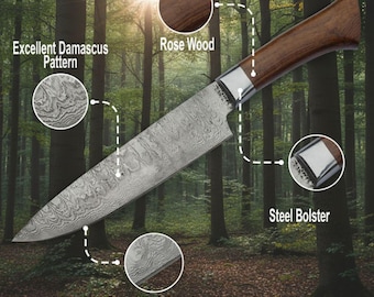 Cuchillo de chef de Damasco hecho a mano / Cuchillo de cocina de Damasco extra afilado para uso doméstico y profesional / Cuchillo de cocina personalizado de acero inoxidable (ideal para regalo)