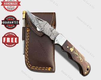 Handmade Damascus Steel Folding Knife, Handmade Gift For Him, Wood Handle Pocket Knife Unique Handmade Birthday Gift for Him, Christmas Gift