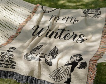 Custom Wedding Blanket Gift, Cotton Anniversary Gift, Mr & Mrs Gift, Jacquard Custom Blanket, Customizable Name Keepsake, Woven Blanket