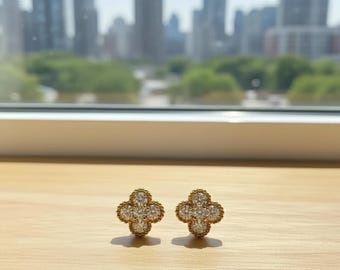 Sparkling Clover Stud Earrings: 14k Gold Plated Sterling Silver