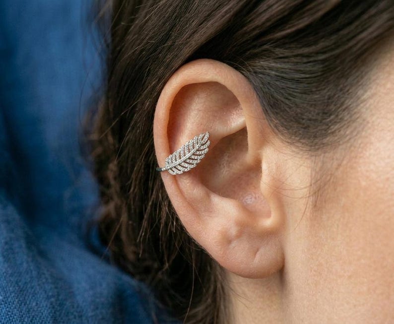 Silver Feather Ear Cuff • Crystal Angel Wing Wrap • No Piercing Boho ...