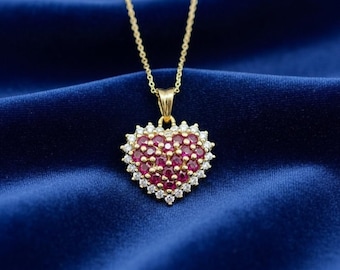 Ruby & Diamond Heart Pendant Necklace | 14K Gold Plated Gift | Romantic Anniversary Jewelry for Her