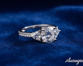 Round Cut Moissanite Three Stone Ring | Trillion Side Stones Engagement Ring