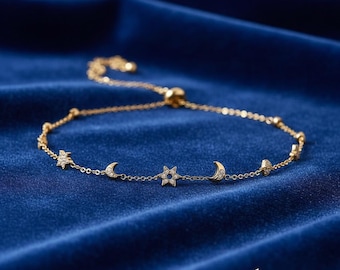 Celestial Star and Moon Bracelet, Dainty Gold Boho Adjustable Charm