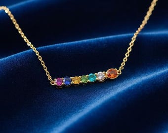 Rainbow Gemstone Bar Necklace, Colorful Gold Chain, Pride Jewelry