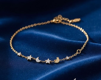 Celestial Star and Moon Bracelet, Sparkling Galaxy Jewelry
