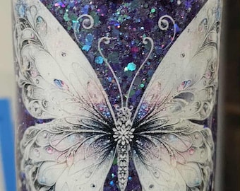 White Butterfly on Purple Glitter Tumbler