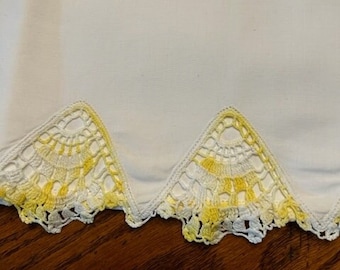 Vintage Cotton Hand Crocheted Standard Size Pillow Cases   White and Soft Yellow  Threads   Cottage Shabby 