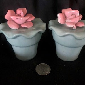 Puede incluir: Dos saleros y pimenteros de cerámica con forma de maceta con rosas rosas en la parte superior. Los saleros son de color azul claro.