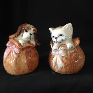 Vintage Set of Cat and Dog Sitting In A Sack Salt Pepper Shakers Japan
