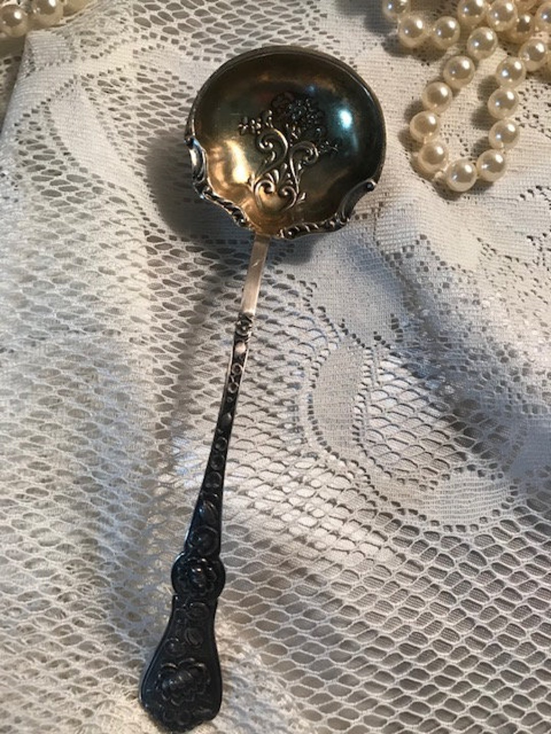 Beautiful Vintage Sterling Ladle Spoon Deep Bowl Ornate Tableware Curved Handle Fancy Serving