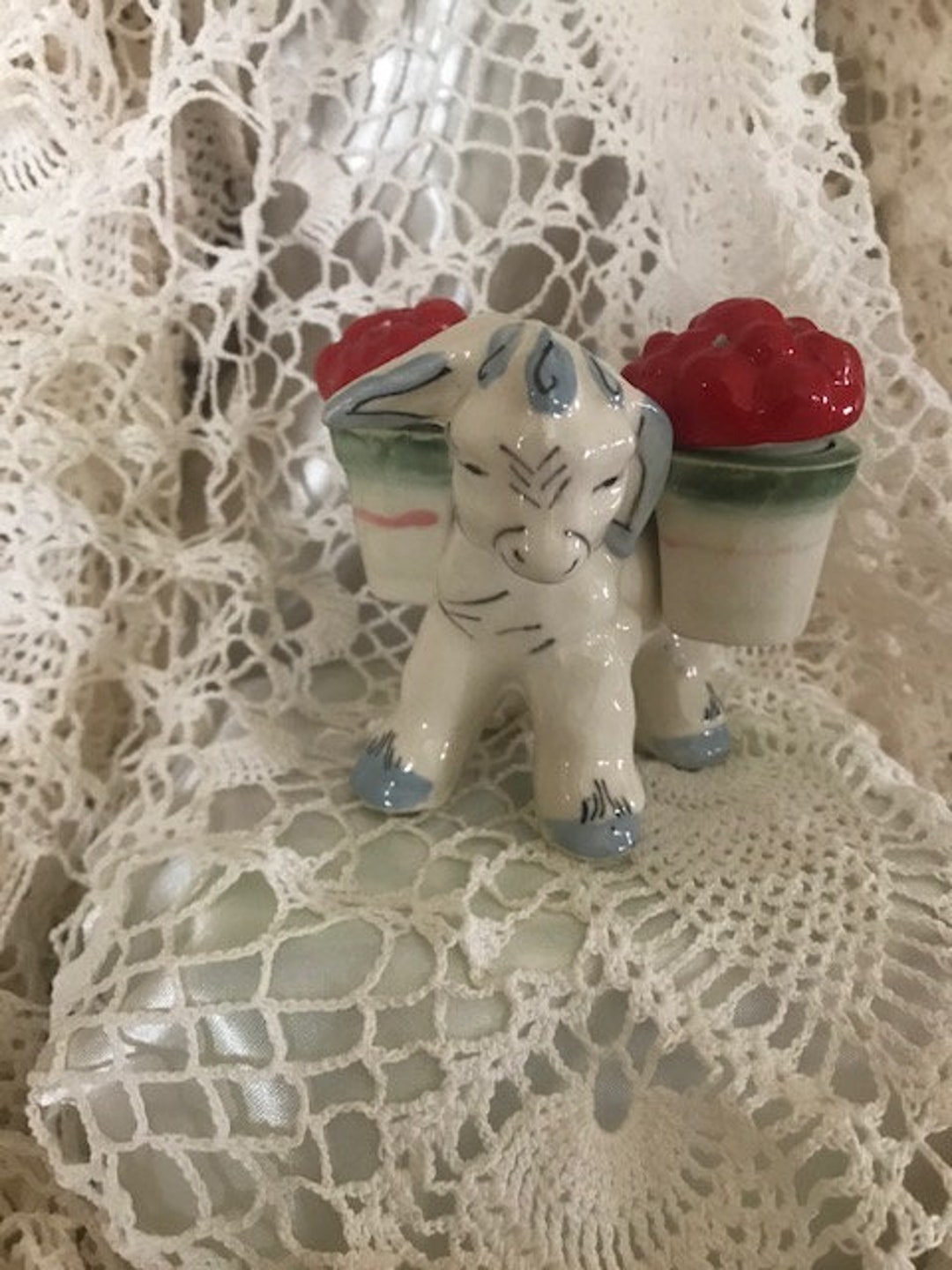 Vintage Donkey With Saddle Bags Carrying Flower Pots Salt Pepper