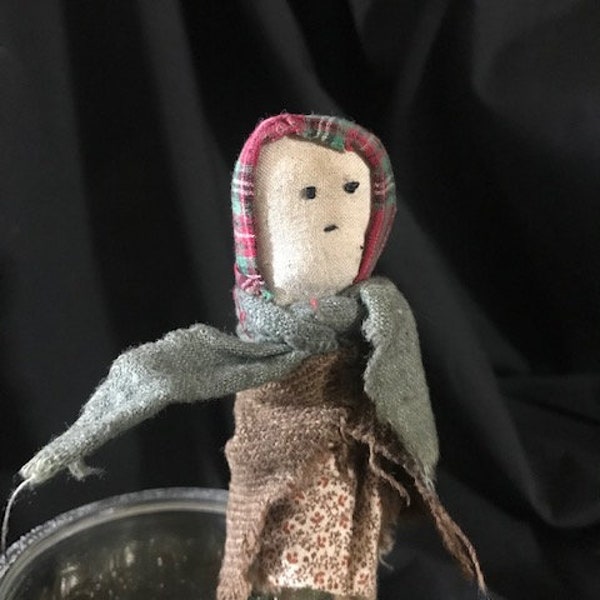 Vintage Handmade Peasant Clothespin Doll Wool Clothes