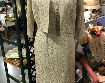 Vintage Woman’s Dressy Dress with Jacket Beige Lace Lined Handmade