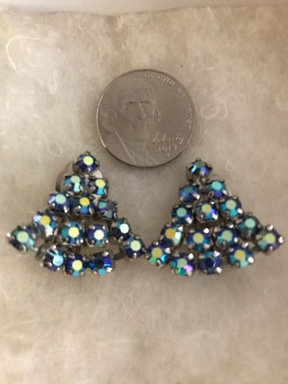 Vintage Aurora Borealis Blue Rhinestone Earrings Clip-on