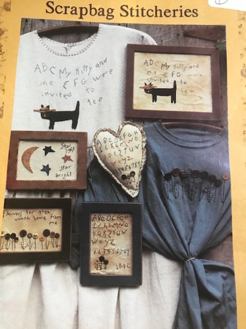 Scrapbag Stitcheries Pattern Hand Embroidery Cat Alphabet Flowers Moon Stars Kindred Spirits