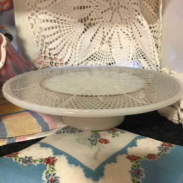 Vintage Anchor Hocking Milk Glass Starburst Cake Plate Pedestal