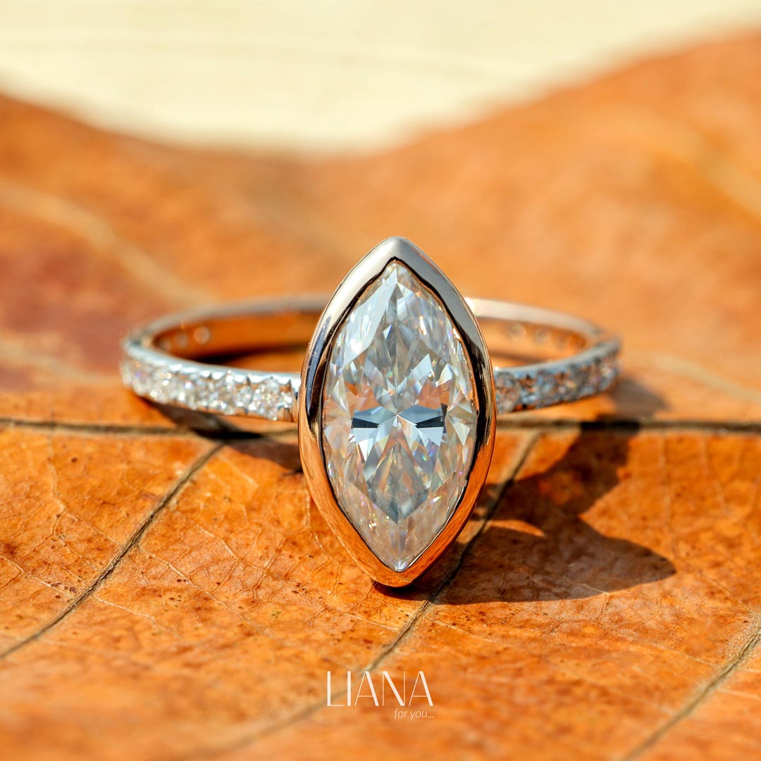 Marquise Cut Lab Grown Diamond Ring Solid Gold Bezel Engagement Ring ...