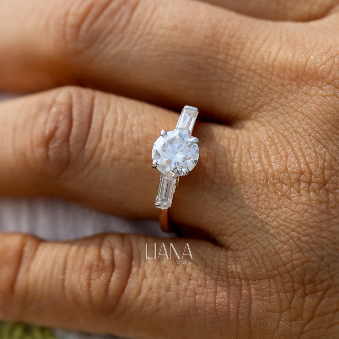 Lab Grown Diamond Engagement Ring, Three Stone Round and Baguette Cut ...