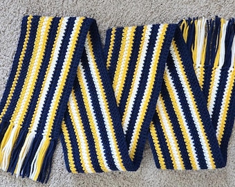 Patrón de bufanda de rayas a crochet: Azul y dorado, fácil de hacer (Patrón PDF)