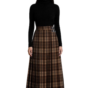 Woman Scottish Tartan Wool Maxi Skirt | Long Pleated Maxi Skirt With Leather Strap | Custom Made in 50+ Tartan