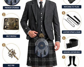 Skotsk kilt för män, antracitgrå Argyle-kavaj och tartankilttillbehör, kiltset för höglandsbröllop, finns i över 60 tartaner.
