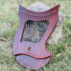 May include: A mahogany lyre harp with a distinctive curved form. The instrument has a sound hole and many strings spanning its body. The harp is placed on a rock in a grassy area, highlighting its elegant design and craftsmanship.