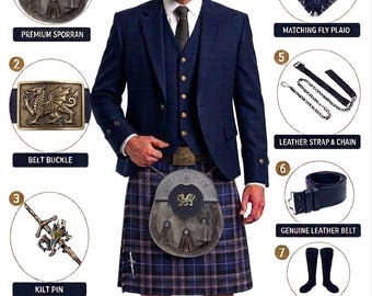 Skotsk kilt för män, marinblå argylejacka och tartankilttillbehör. Set med traditionella höglandskiltar. Finns i över 60 tartaner.