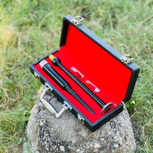 Puede incluir: Un estuche negro con interior rojo, que contiene dos instrumentos negros. El estuche tiene cierres plateados y un asa. Los instrumentos son de metal negro con detalles plateados y amarillos. El estuche está sobre una roca gris.