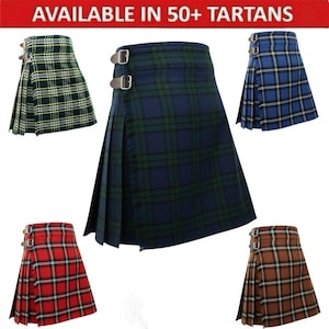 Peut inclure: Plusieurs kilts en tartan de différentes couleurs, dont le vert, le bleu, le rouge et le marron. Chaque kilt présente un design plissé et des fermetures à boucles en cuir. L'image contient le texte "AVAILABLE IN 50+ TARTANS".