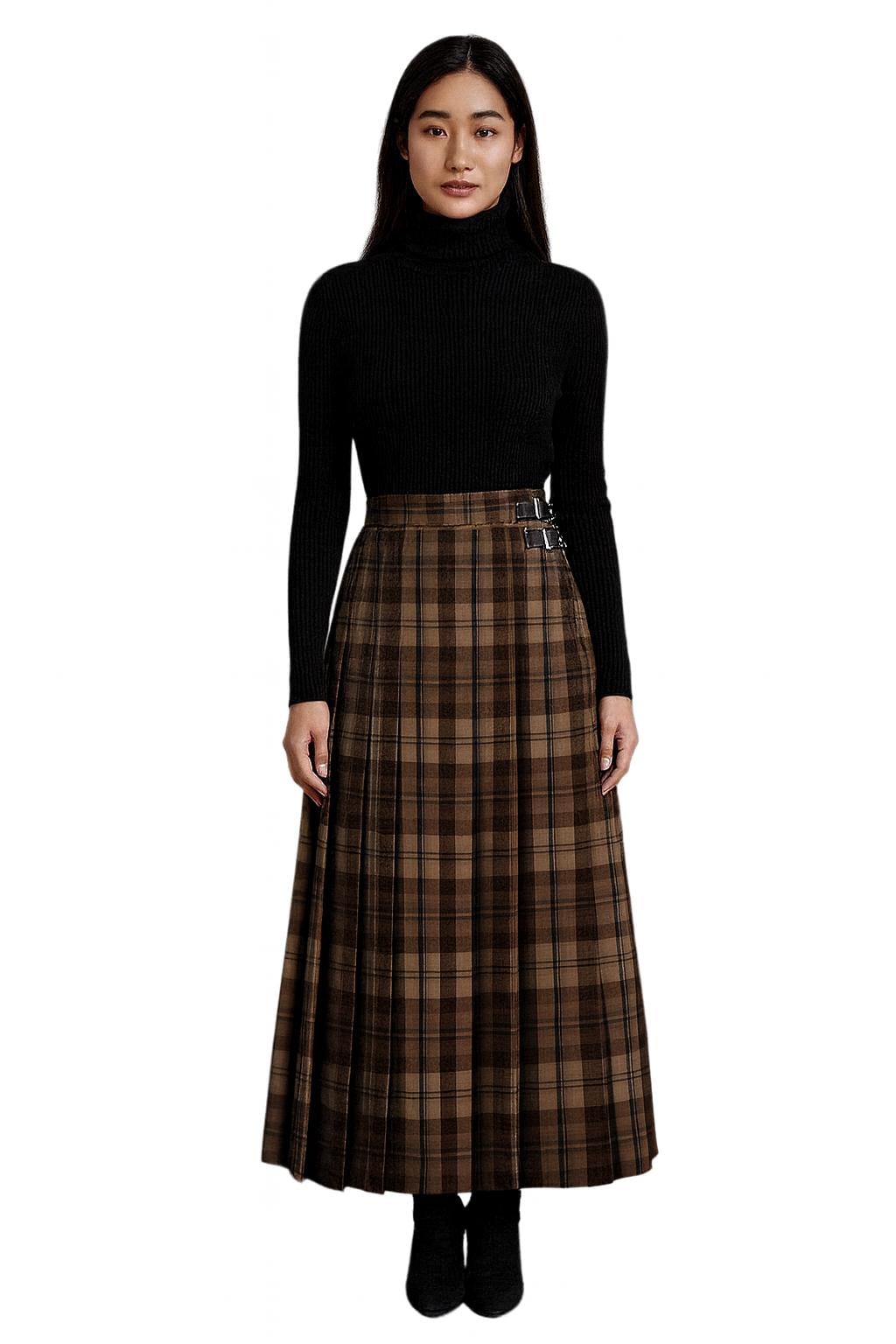 Woman Scottish Tartan Wool Maxi Skirt Long Pleated Maxi Skirt With Leather Strap Custom Made in 50+ Tartan