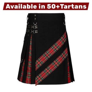 Op de afbeelding: Een zwarte kilt met rood en groen tartan-panelen, zilverkleurige metalen hardware en zijzakken. Het kledingstuk bevat bovenaan de tekst Available in 50+Tartans en heeft een gestructureerd ontwerp met plooien.