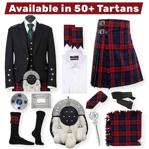 May include: A selection of Scottish tartan clothing and accessories, including a black jacket, kilt, white shirt, tie, and sporran. The image showcases items in red, blue, and black tartan patterns, with the text "Available in 50+ Tartans" at the top.