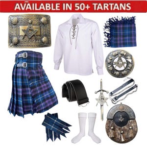 Skotskt bröllopskilt för män, 11 delar – komplett tartankiltset från traditionellt högland – 60+ tartaner