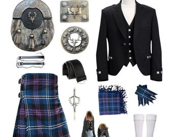 Completo da uomo in stile scozzese Argyle nero da 11 pezzi / Completo da matrimonio in tartan tradizionale con kilt / Disponibile in oltre 50 tartan