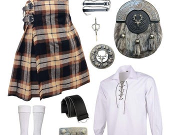 Hirschkopf Scottish Tartan Kilt Outfit Set Herren, 9-teiliges antikes traditionelles Kleid Weeding Kilt Set Erhältlich in mehr als 50 Tartans